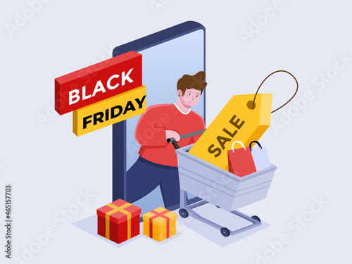 Illustration of people buying from an online store with smartphone when the Black Friday Sale Event. can be used for banner, promotion, poster, web, social media.
