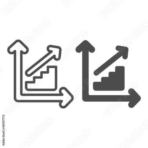 Ladder growth chart with steps going up and arrow line and solid icon, diagram concept, graph vector sign on white background, outline style icon for mobile concept and web design. Vector graphics.