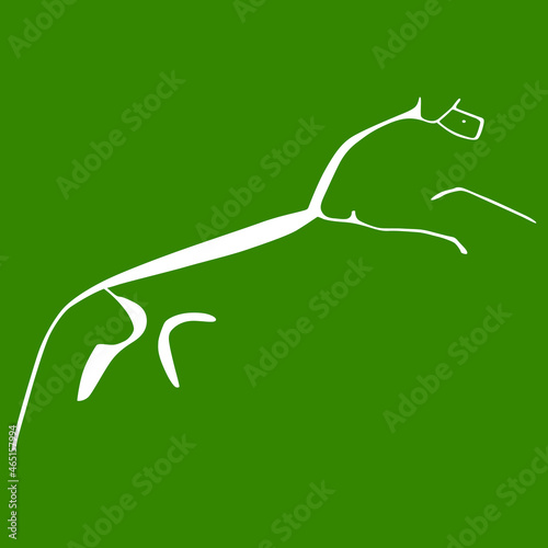 Uffington White Horse. Prehistoric hill figure from Oxfordshire in England. Celtic Iron or Bronze Age art. Pagan animal symbol. White silhouette on green.