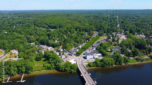 Groveland town aerial view including Bates Bridge on Merrimack River and Elm Park in town center of Groveland, Massachusetts MA, USA.  photo