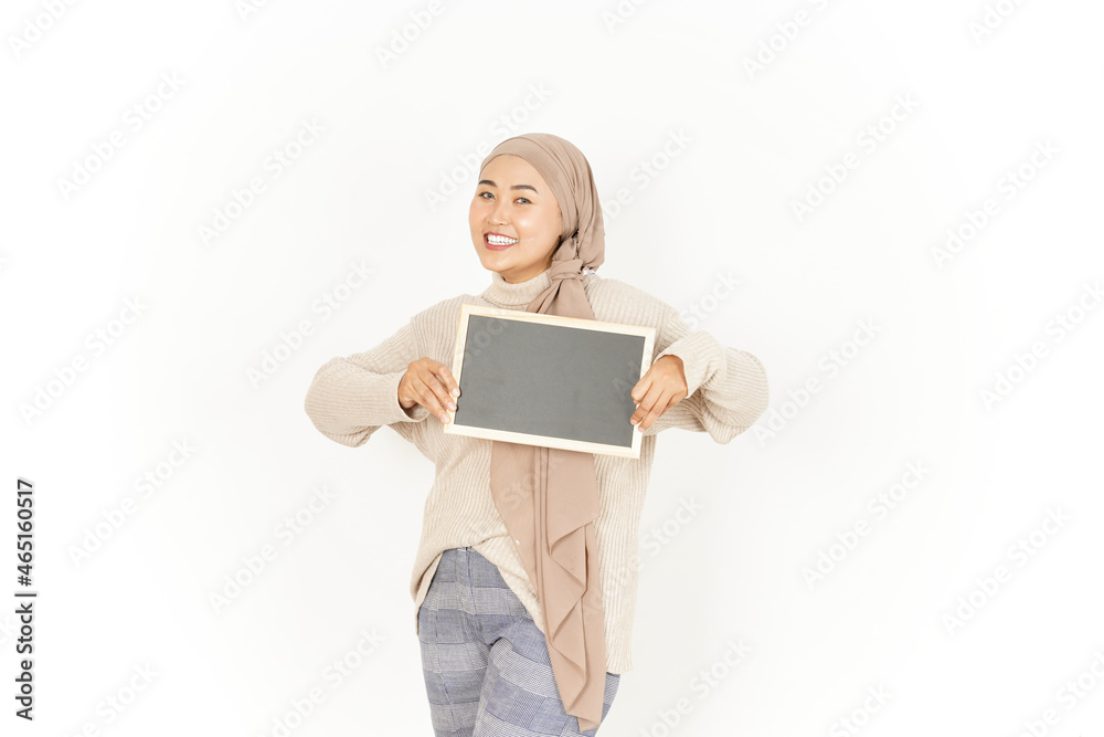 Showing, Presenting and holding Blank Blackboard of Beautiful Asian Woman Wearing Hijab Isolated On White Background Showing, Presenting and holding Blank Blackboard of Beautiful Asian Woman Wearing Hijab Isolated On White Background