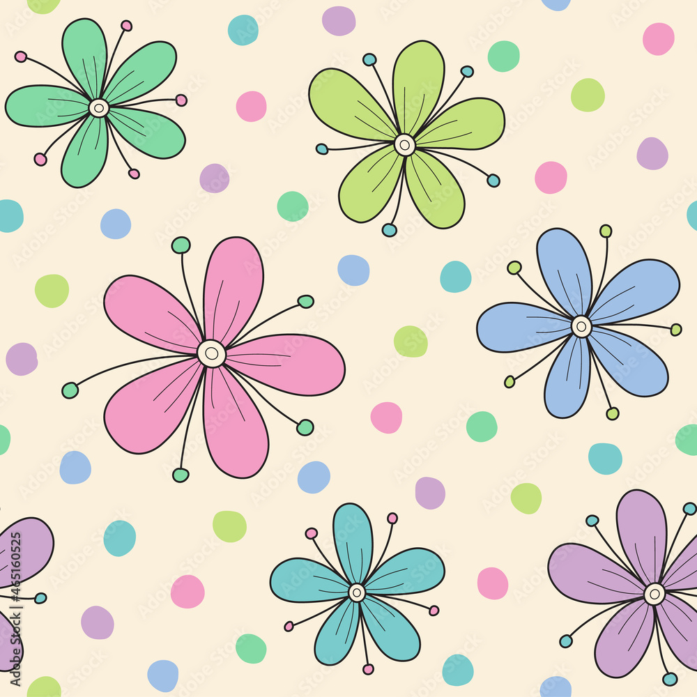 Cute pastel spring flowers seamless pattern with dot background. Cute pastel spring flowers seamless pattern with dot background.