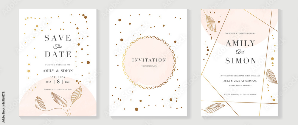 Naklejka premium Luxury wedding invitation card background with golden line art flower and botanical leaves, Organic shapes, Watercolor. Abstract art background vector design for wedding and vip cover template.