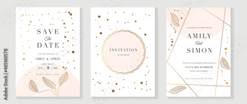 Luxury wedding invitation card background  with golden line art flower and botanical leaves, Organic shapes, Watercolor. Abstract art background vector design for wedding and vip cover template.