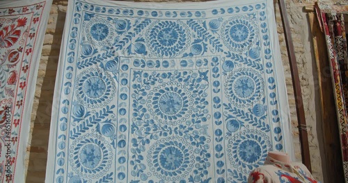 Bukhara, Uzbekistan Bright National Embroidery Blue Suzane 3 of 3 Silk road trade. photo