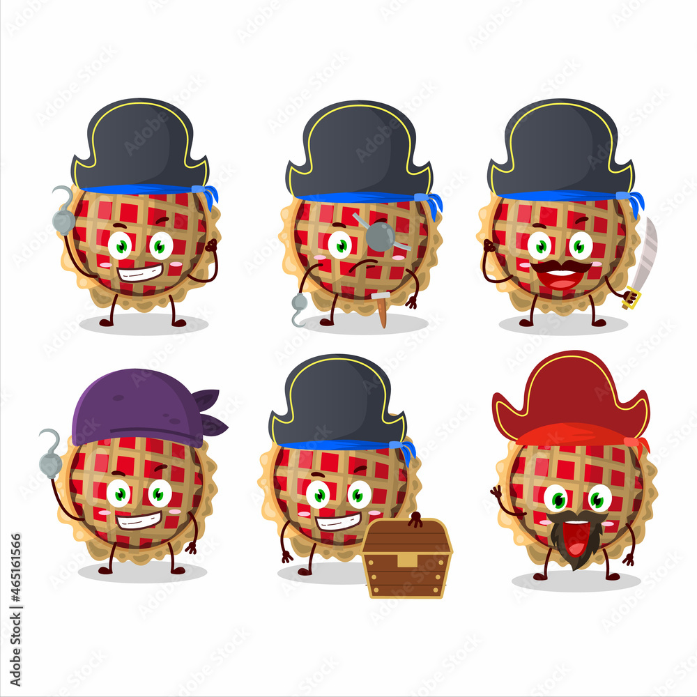 Cartoon character of apple pie with various pirates emoticons
