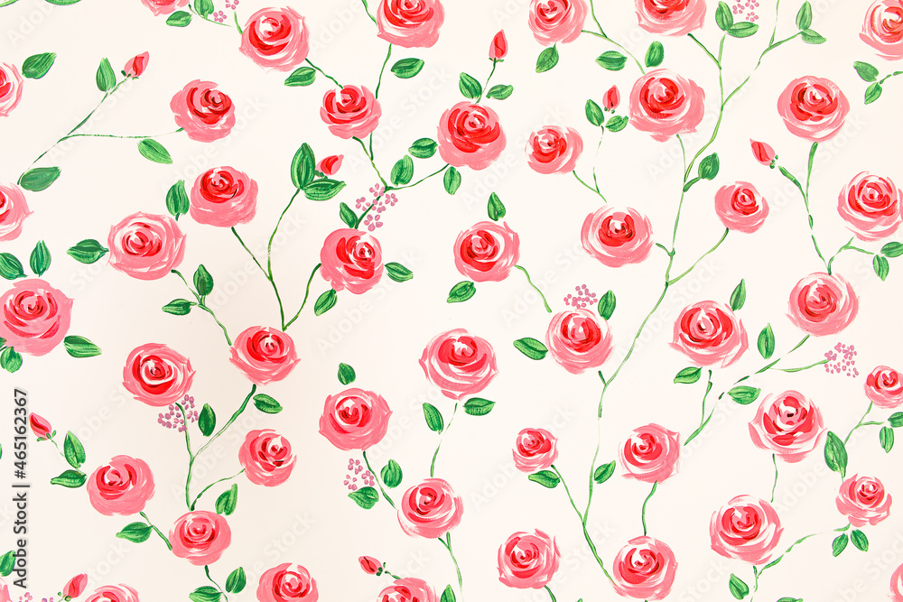 Beautiful bright contrast colorful pink and red roses blossom bloom and green leaves on branches pattern, classic design decorative art style texture on wall background, High resolution wallpaper