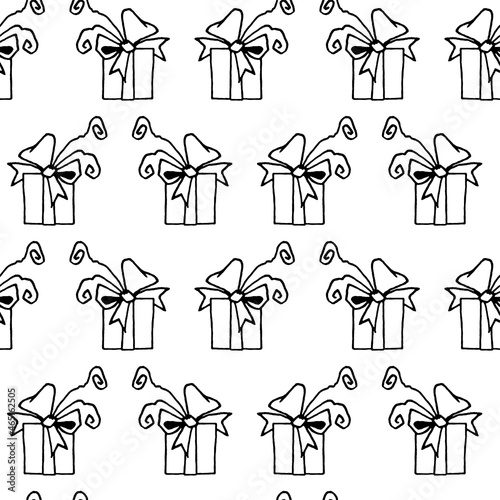 Seamless pattern with outline gift boxes in doodle style. Festive backgrounds and textures. For greeting cards, wrapping paper, textile, prints, birthday, Valentines day, Xmas, holidays