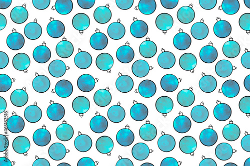 Seamless pattern with Watercolor Christmas tree balls. Hand drawn New year, Xmas backgrounds and textures. For greeting cards, wrapping paper, packaging, fabric, calendars, prints