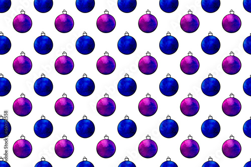Seamless pattern with Watercolor Christmas tree balls. Hand drawn New year, Xmas backgrounds and textures. For greeting cards, wrapping paper, packaging, fabric, calendars, prints
