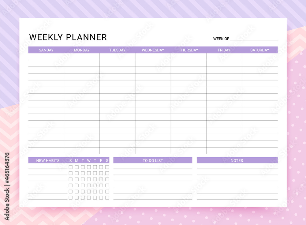 Weekly planner. Timetable with habit tracker, to do list and notes. Week  starts Sunday. Vector illustration. Journal page template. Homework  organizer. Simple schedule. Empty blank of diary, A4 Stock Vector
