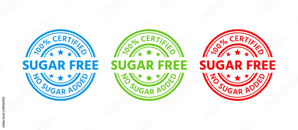 Obraz premium Sugar free round stamp. No sugar added icon, badge. Certified sticker. Diabetic label. Green red blue seal imprints isolated. Emblem for packaging on white background. Vector illustration