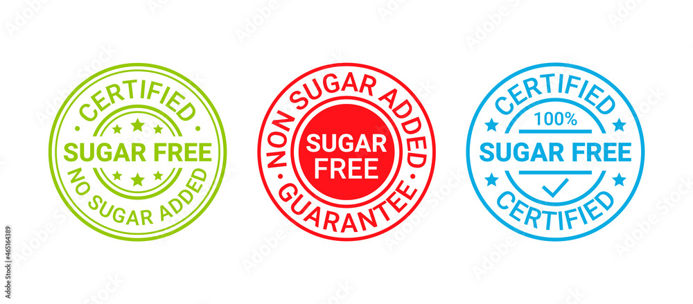Obraz premium Sugar free rubber stamp icon. No sugar added label. Set of diabetic round badges. Certified sticker. Green red blue seal imprint isolated on white background. Emblem for packaging. Vector illustration
