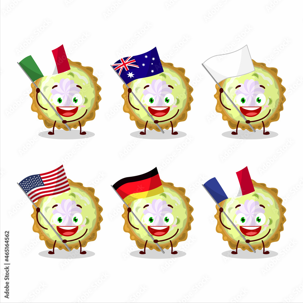 Key lime pie cartoon character bring the flags of various countries Key lime pie cartoon character bring the flags of various countries