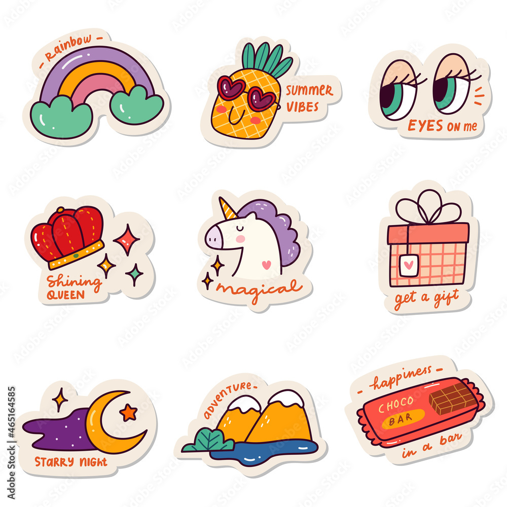 Set of Kawaii Sticker Doodle Set, Fashion Patch Design Collection