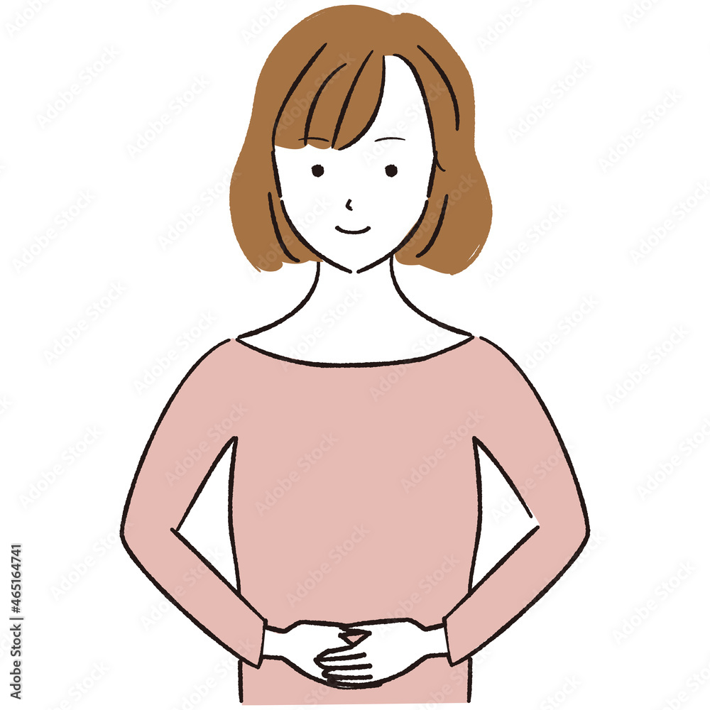 手書き線画カラーイラスト お腹を押さえる若い女性 手書き線画カラーイラスト お腹を押さえる若い女性