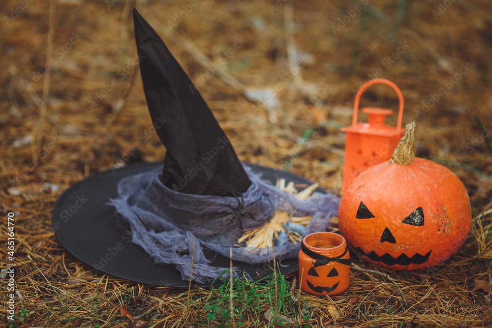 Halloween layout. Halloween concept. Halloween decorations on forest background. Witch hat, pumpkin