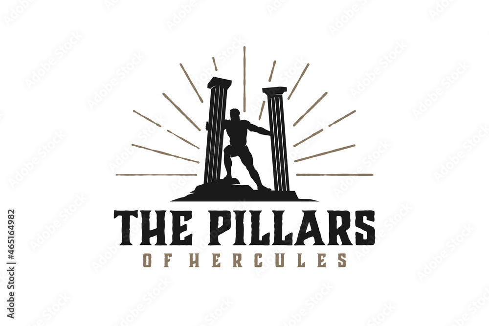 Hercules Heracles with pillar pillars, Muscular Myth Greek Archer Warrior Silhouette Logo design