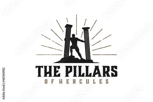 Hercules Heracles with pillar pillars, Muscular Myth Greek Archer Warrior Silhouette Logo design the Pillars of Hercules photo