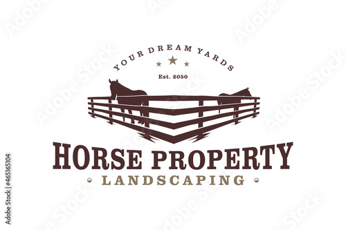 Horse silhouette behind wooden fence paddock for vintage retro rustic countryside western country farm ranch logo design