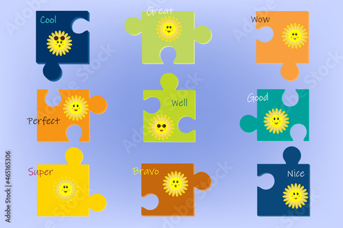 Puzzle emoji with words
encouragement. Funny face faces for stickers and labels. Happy, surprised facial expressions on puzzle. Emotions praise, cool, great, nice, good, perfect, super, bravo. Vector