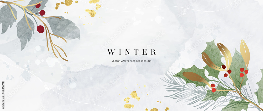 Winter background vector. Hand painted watercolor and gold brush texture, Flower and botanical leaves hand drawing. Abstract art design for wallpaper, wall arts, cover, wedding and invite card. - obrazy, fototapety, plakaty 