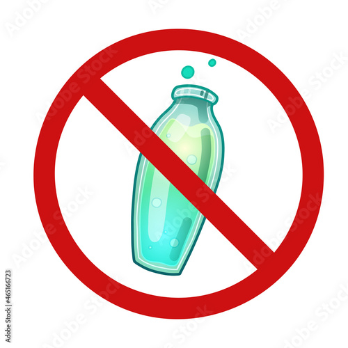 Cartoon magic bottle in a prohibition sign. The potion is banned. Danger of poisoning. The ban on experiments and alchemy. Vector forbidden icon for sticker and sign
