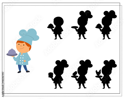 A logical game for kids find the right shadow, cook in the kitchen. vector isolated on a white background