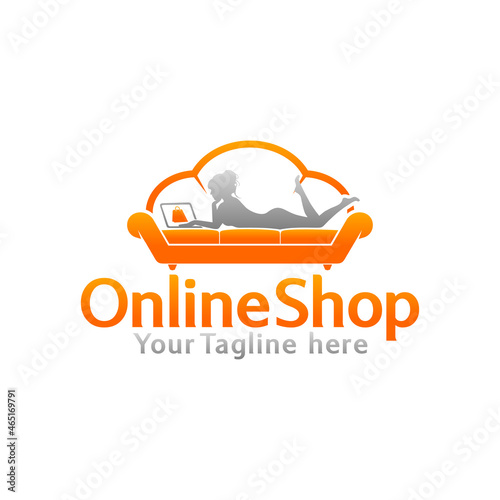 Logo Online Shopping from home Woman laying down on sofa with laptop