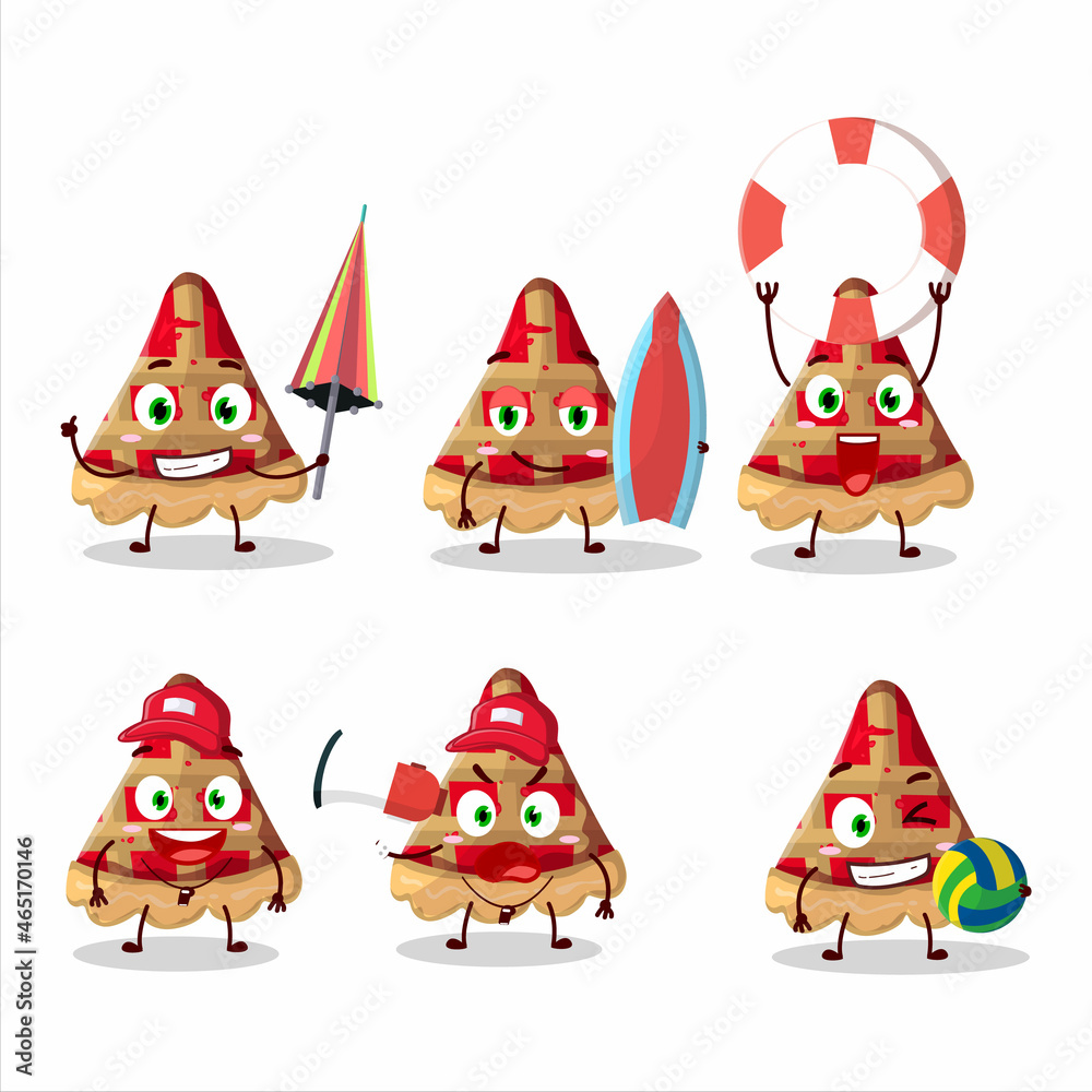 Happy Face slice of apple pie cartoon character playing on a beach