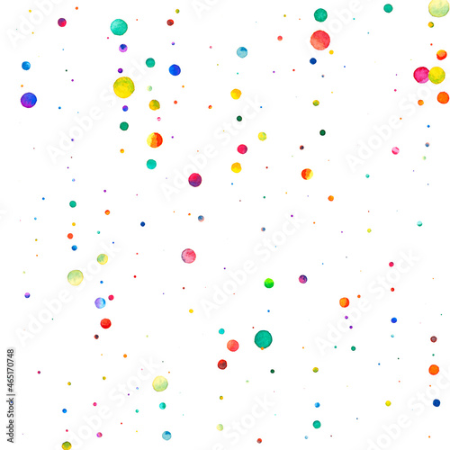 Watercolor confetti on white background. Actual rainbow colored dots. Happy celebration square colorful bright card. Excellent hand painted confetti.