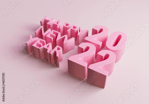 Happy New Year 2022 on pink background, 3d illustration.