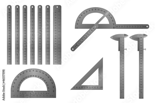 Metal protractor, ruler straight and angular, vernier caliper set.