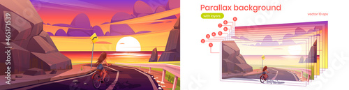 Parallax background girl on bicycle riding mountain road at dusk seascape view. Young woman on bike 2d nature landscape. Cartoon character and separated layers for game scene, Vector illustration