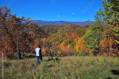 Senior woman standing on the hill with beautiful autumn forest in background © Vedrana