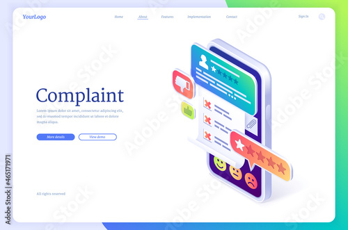 Customer complaint isometric landing page. Smartphone with application for clients feedback and review rate, support call service operators chatting, mobile phone app with chatbot 3d vector web banner photo