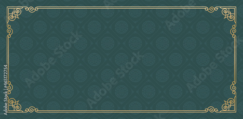 Fotografering Dark green background with frame, Rectangle golden frame with ornament dark green background Chinese pattern for greeting card, banner, poster, wedding invitation, and certificate