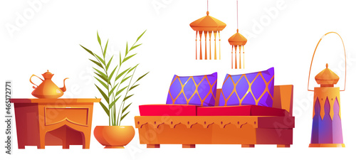 Set of interior furniture and stuff in arabic style, couch with pillows, lanterns and potted plant with teapot on table, oriental arab items, isolated cartoon vector illustration, icons, clip art