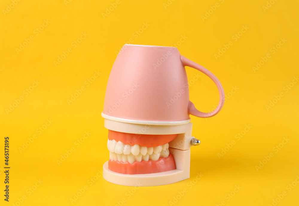 Human jaw model with cup on yellow background. Creative layout