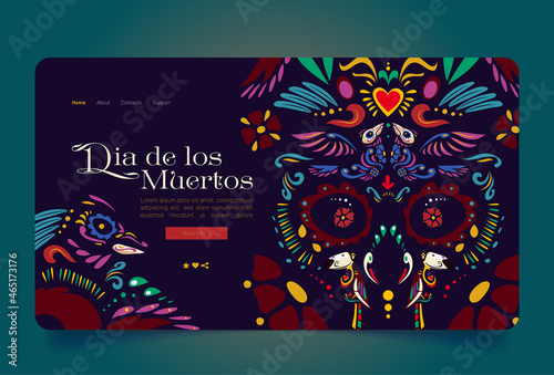 Dia de los Muertos banner with fancy pattern of skull with flowers, heart and birds. Vector landing page of Day of Dead in Mexico with cartoon illustration of traditional mexican ethnic print