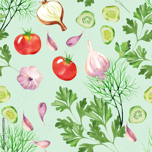 Fototapeta Naklejka Na Ścianę i Meble -  Hand drawn vegetables in style watercolour.  Vegetable seamless pattern with tomatoes, cucumber, dill and parsley watercolour. Nice background for paper, textile, decoration and wrapping