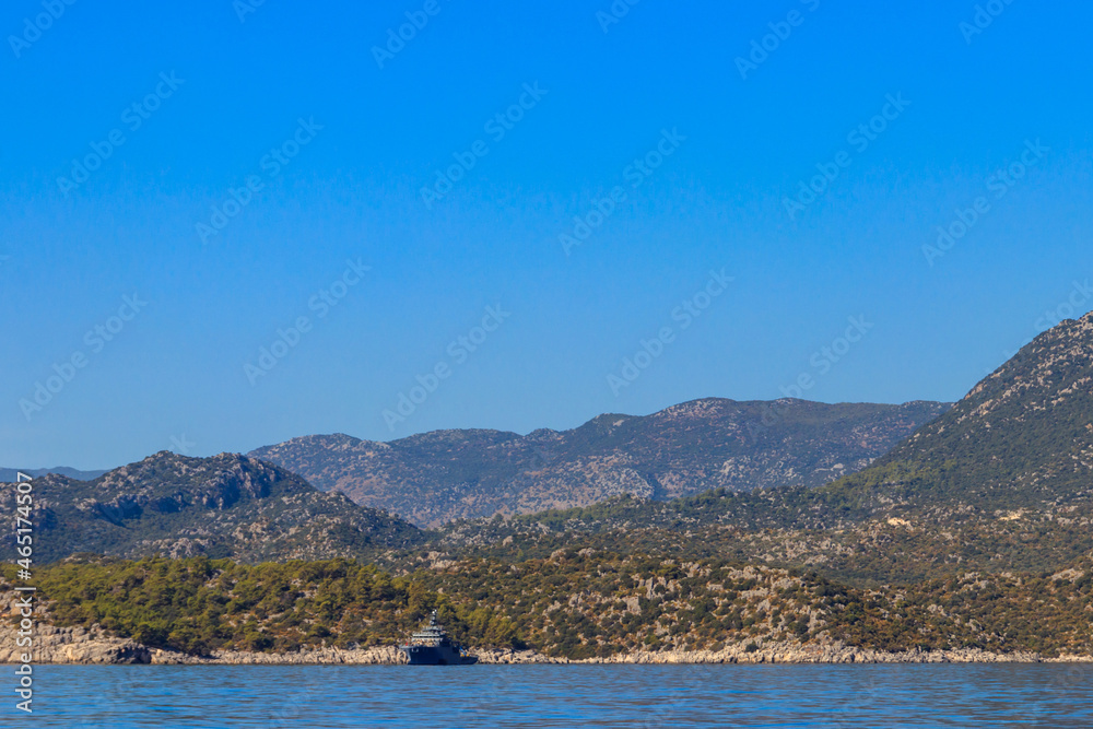 Turkish navy warship sailing in the Mediterranean sea. Protection of water borders of Turkey