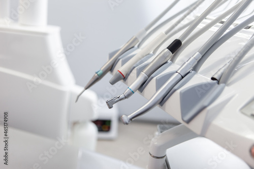 Stomatological instrument in the dentists clinic. Dental high speed turbine. Dental work in clinic. Medicine  health  stomatology concept.