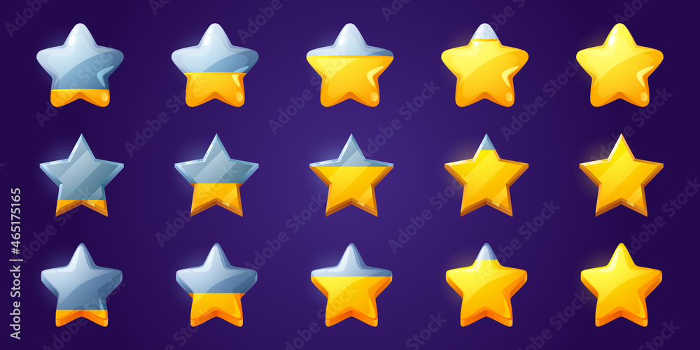 Set of stars, game score elements from empty to full rows. Ui or gui rate yellow golden glossy assets for app user interface and display, winner achievement, bonus Cartoon vector illustration, icons - obrazy, fototapety, plakaty 