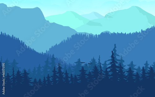 Vector mountains and forest landscape