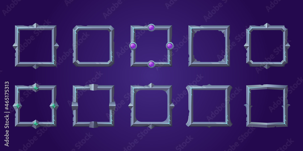 Set of square ui game frames, textured medieval jagged metal borders. Cartoon empty steel metallic bordering with fancy gemstones, isolated fantasy graphic design gui elements, Vector illustration Set of square ui game frames, textured medieval jagged metal borders. Cartoon empty steel metallic bordering with fancy gemstones, isolated fantasy graphic design gui elements, Vector illustration