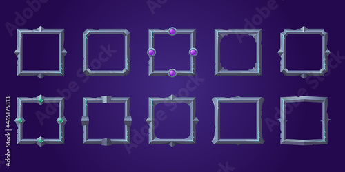 Set of square ui game frames, textured medieval jagged metal borders. Cartoon empty steel metallic bordering with fancy gemstones, isolated fantasy graphic design gui elements, Vector illustration