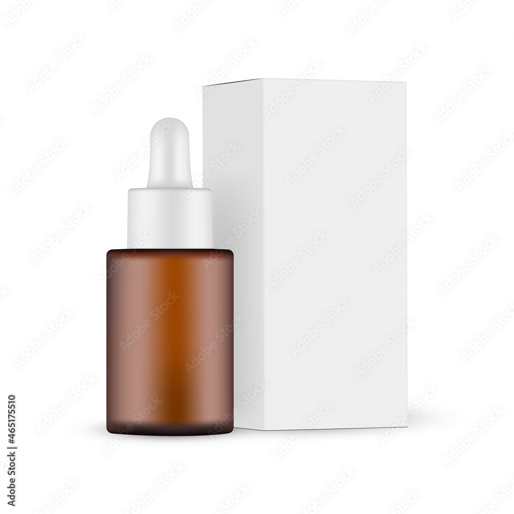 Amber Dropper Bottle Mockup with Packing Box Side View, Isolated on White Background. Vector Illustration Amber Dropper Bottle Mockup with Packing Box Side View, Isolated on White Background. Vector Illustration