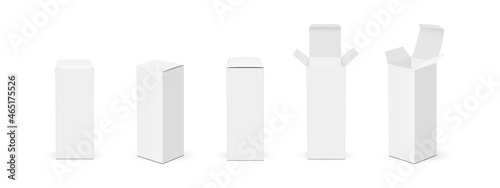 Set of Paper Rectangular Packaging Boxes with Opened and Closed Lid, Various Views, Isolated on White Background. Vector Illustration