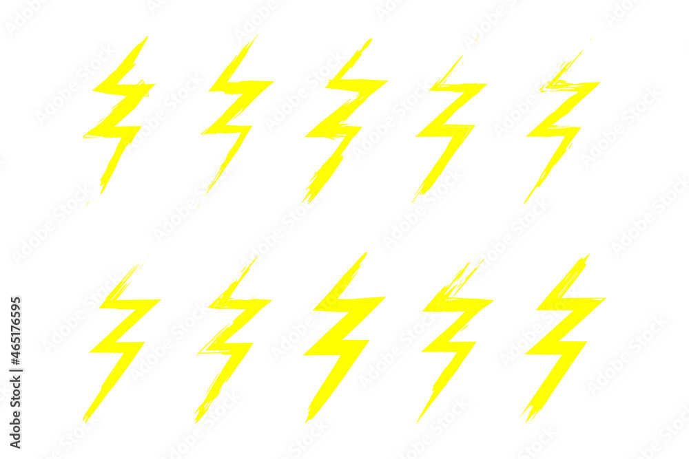 A set of hand drawn yellow lightnings isolated on white background. Good for any project.